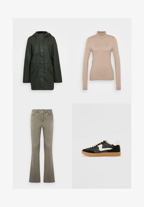 Vandafvisende grøn parka-jakke med hætte, trykknaplukning, to frontlommer og snoretræk. Glat tekstur.; Beige turtleneck sweater lavet af blødt strikket stof. Har lange ærmer, tætsiddende design og ribstrik ved hals og kant.; Olivenfarvede jeans med lige ben, for-trykknapslukning, bæltestropper og femlommesdesign, vist på en ensfarvet baggrund.; Sorte ruskinds- og lædersneakers med en cremefarvet side-swoosh og lys cremefarvet hæl. Har beige snørebånd og en gummirubber-sål.