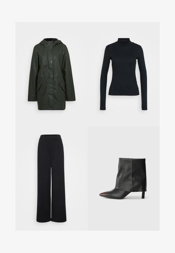 Vandafvisende grøn parka-jakke med hætte, trykknaplukning, to frontlommer og snoretræk. Glat tekstur.; Sort langærmet ribbestrikket sweater med høj hals og tætsiddende silhuet på en lys ensfarvet baggrund.; ONLY Tall ONLNEW KLARA EVI LIFE CLEAN - Bukser - black; Sort ankelstøvle lavet af glat læder med spids tå og tilspidset hæl. Overdelen har et let rynket design.