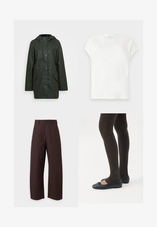 Parka verte résistant à l'eau avec capuche, fermeture à bouton-pression, deux poches avant et des accents à cordon de serrage. Texture lisse.; T-shirt blanc manches courtes avec manches retroussées et col rond, présenté à plat sur un fond gris clair.; Pantalon marron à jambe droite avec passants de ceinture et fermeture devant, présenté sur fond blanc uni.; Jambes portant des leggings côtelés foncés associés à des ballerines noires avec de petits détails en nœud sur fond blanc.