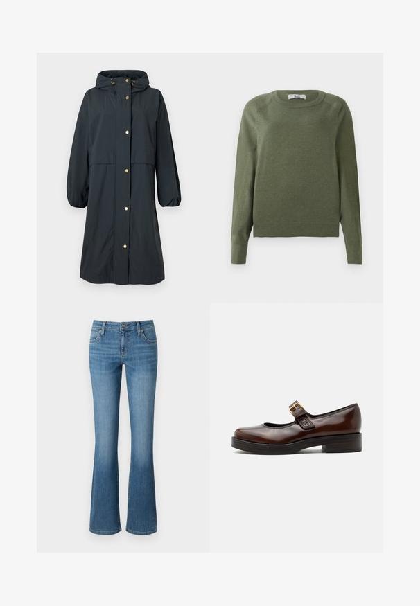 Veekindel tume sinine vihmamantel, millel on kapuuts, elastsed mansetid, kuldsed nupud ning lõtv sobivus keskmise pikkusega disainiga.; Oliivroheline pullover-sweater, mis on valmistatud pehmest ja struktuursetest kangast. Klassikaline ümardatud kaelus, pikad varrukad ja soonikkoes äär. Lihtne, mitmekesine disain.; Laienevad sinised teksapüksid, mis on valmistatud denimist, kõrge taljega, viie taskuga ja kerge hägususega reieosas, koos õmmeldud õmblustega.; Tumepruun Mary Jane king läikiva viimistlusega, ümar varbakujundus, madal plokktald ja kullast pannal paelal üle jalavõlvi.