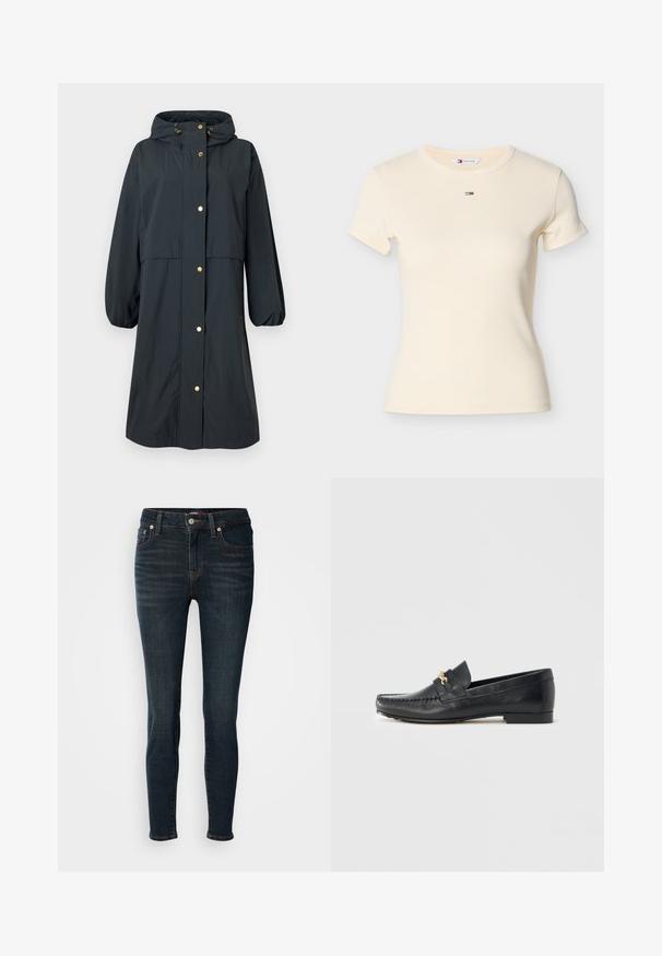 Imperméable bleu foncé avec capuche, poignets élastiques, fermetures à boutons dorés, coupe décontractée et design mi-long.; T-shirt côtelé jaune clair à manches courtes, encolure ronde, avec un petit logo brodé aux rayures rouges, blanches et bleues sur la poitrine.; Jean en denim bleu foncé avec une coupe slim. Les caractéristiques incluent cinq poches, une fermeture à bouton et des détails de couture subtils. Texture lisse, jambe fuselée.; Mocassin en cuir noir avec garniture décorative en métal doré, coutures apparentes, bout légèrement pointu et semelle plate et minimaliste.