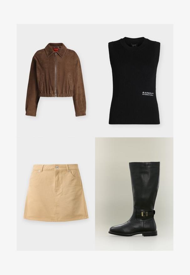 Veste courte en daim marron avec fermeture éclair à l'avant, large col, ourlet élastique et deux poches latérales verticales.; Top noir en maille côtelée sans manches avec encolure ronde et petit logo blanc "Barbour International" en bas à droite à l'avant.; Jupe en denim beige mini avec poches avant, passants de ceinture et fermeture à bouton en métal sur fond blanc.; Botte haute en cuir noir avec un talon bas et une bride latérale à petite boucle dorée, présentée sur un fond neutre.