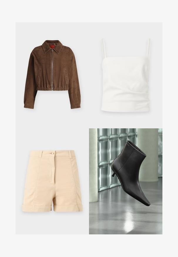 Veste courte en daim marron avec fermeture éclair à l'avant, large col, ourlet élastique et deux poches latérales verticales.; Haut court blanc sans manches avec fines bretelles, encolure carrée et détails subtils de tissu froncé.; Shorts beige taille haute avec fermeture à bouton, passants pour ceinture, coutures avant surpiquées et ourlets repliés sur un fond gris clair.; Bottine en cuir noir avec bout pointu et petit talon, présentée devant un mur en blocs de verre et un sol poli.