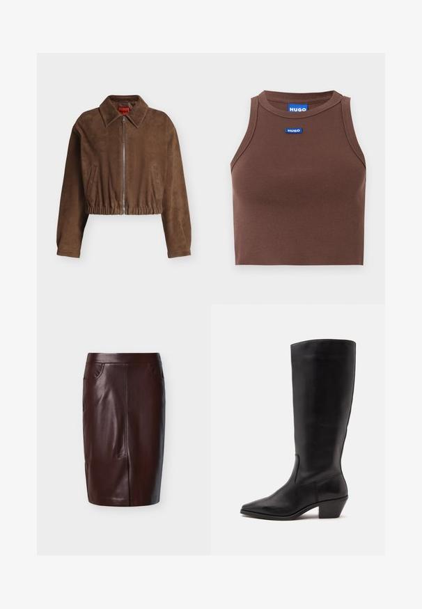 Veste courte en daim marron avec fermeture éclair à l'avant, large col, ourlet élastique et deux poches latérales verticales.; Haut court côtelé marron avec un col rond et des coutures renforcées, avec une étiquette rectangulaire bleue portant le logo HUGO sur le devant.; Jupe crayon en cuir marron à texture lisse, avec deux poches latérales et des détails de couture à l'avant, conçue pour une coupe ajustée.; Botte en cuir noire mi-mollet avec un bout pointu et un talon bas incliné sur un fond clair uni.