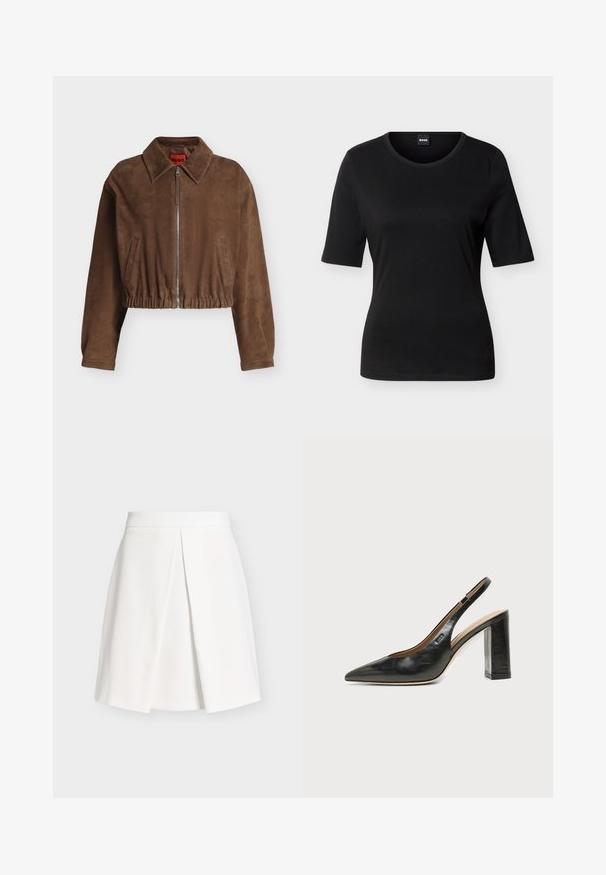 Veste courte en daim marron avec fermeture éclair à l'avant, large col, ourlet élastique et deux poches latérales verticales.; T-shirt noir ajusté à manches courtes avec col rond et étiquette de marque à l'intérieur du col arrière.; Jupe blanche longueur genou avec un pli devant et une taille ajustée, présentée sur un fond uni gris clair.; Chaussure slingback en cuir noir à bout pointu avec un talon bloc haut et une doublure intérieure beige sur un fond clair uni.
