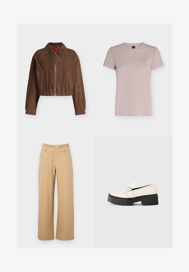 Veste courte en daim marron avec fermeture éclair à l'avant, large col, ourlet élastique et deux poches latérales verticales.; T-shirt en coton mauve clair à manches courtes et col rond avec un petit logo brodé "BOSS" sur la poitrine gauche.; Pantalon beige à fines rayures avec taille élastique, passants pour ceinture, fermeture à boutons et coupe droite.; Loafer en cuir blanc avec une semelle plateforme noire épaisse, présentant une boucle rectangulaire en argent et des détails de couture visibles sur la tige.