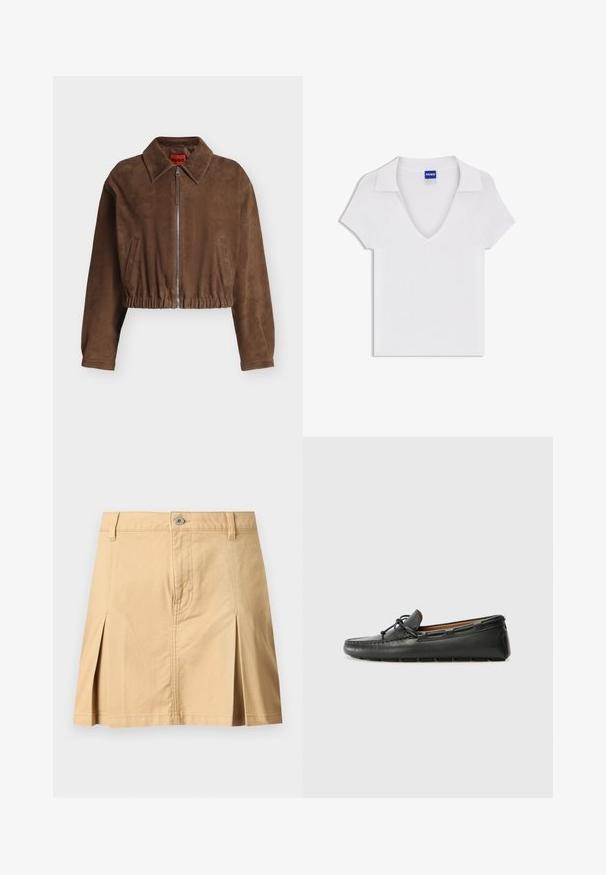 Veste courte en daim marron avec fermeture éclair à l'avant, large col, ourlet élastique et deux poches latérales verticales.; Chemise blanche à manches courtes avec col en V et large col, en tissu texturé, avec une étiquette bleue « HUGO » à l'intérieur de l'encolure.; Jupe beige longueur genou avec passants de ceinture, fermeture à boutons sur le devant, deux plis avant et coutures visibles sur fond uni.; Bateau en cuir noir avec un bout arrondi, des détails de couture, un petit accent en nœud et une semelle en caoutchouc. Texture lisse et design épuré.