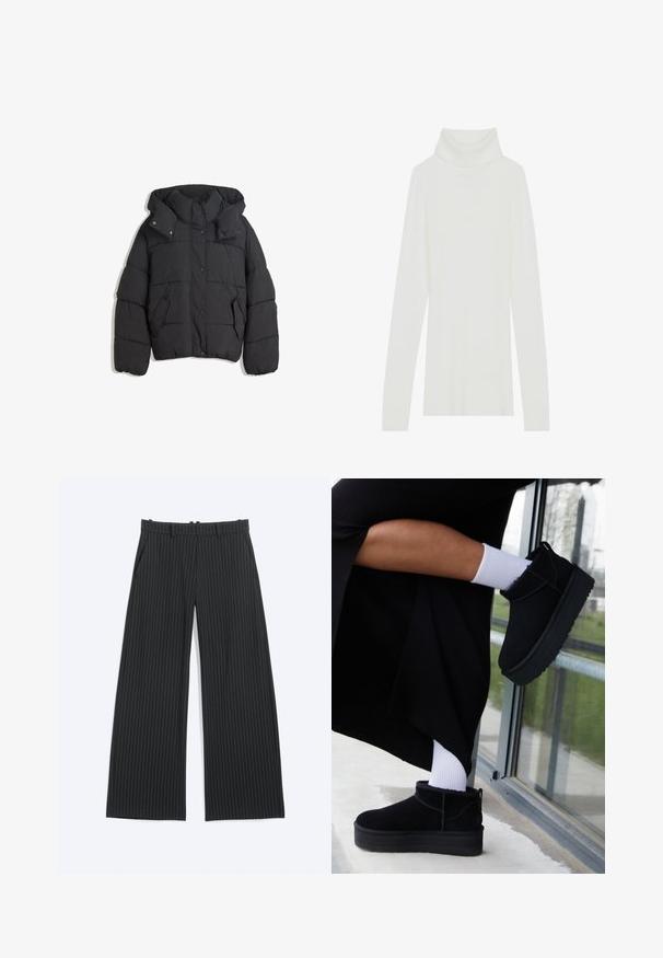 Zwarte pufferjack met een hoge kraag en capuchon, met een doorgestikt ontwerp, drukknoopsluitingen en twee zijzakken. Zacht, textuurstof.; Witte geribde turtleneck trui met lange mouwen, zachte textuur en een hoge rolkraag, met een aansluitend ontwerp en geen zichtbare sluitingen.; Zwarte broek met wijde pijpen en dunne witte krijtstrepen, met riemlussen, voorzakken en een onzichtbare voorsluiting.; Zwarte suède enkellaarsjes met een platte zool, voorzien van een achterste lus, gedragen met witte enkelsokken tegen een minimalistische achtergrond.