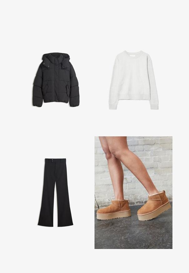 Mustapuffertakki, jossa on korkea kaulus ja huppu, ja jossa on quiltattu kangasmateriaali, nepparit ja kaksi sivutaskua. Pehmeä, tekstuuriulkoasu.; Vaaleanharmaa pitkähihaistee crewneck -neule, jossa on ribbaushihat ja helma, valmistettu pehmeästä neuloksesta, esiteltynä valkoisella taustalla.; Mustat korkeavyötäröiset leveälahkeiset housut, joissa on kaksirivinen nappikiinnitys ja edessä vetoketjusuljenta, esitettynä tasaisesti valkoisella taustalla.; Ruske mokasine do gležnja od nubuk kože s mekim podstavom, debelim bež platformama i stražnjim držačem. Teksturirana površina s vidljivim detaljima šavova.