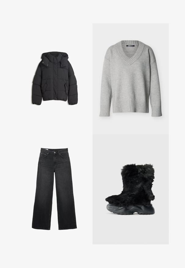 Schwarze Pufferjacke mit hohem Kragen und Kapuze, ausgestattet mit einem gesteppte Design, Druckknöpfen und zwei Seitentaschen. Weicher, strukturierter Stoff.; Hellgrauer Strickpullover mit V-Ausschnitt, gerippten Bündchen und Saum, vor einfachem weißem Hintergrund angezeigt.; Schwarze Jeans mit weitem Bein, vorderer Knopfleiste, Reißverschluss, Gürtelschlaufen und Fünf-Taschen-Design auf weißem Hintergrund.; Schwarzer, behaarter Knöchelstiefel mit strukturiertem Obermaterial, ausgestattet mit einer dicken schwarzen Gummisohle und einem genoppten Muster für Grip und Stabilität.