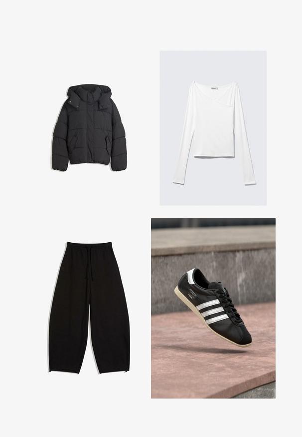 Veste matelassée noire avec un col haut et une capuche, dotée d'un design matelassé, de boutons-pression et de deux poches latérales. Tissu doux et texturé.; Haut blanc à manches longues avec un design croisé et une poche. Fabriqué dans un tissu lisse et extensible. Coupé dans une coupe décontractée et ample.; Pantalon de survêtement noir ample avec taille élastique, cordon, poches latérales et ourlets réglables.; Baskets en cuir noir avec des rayures blanches et une semelle blanche, lacées, flottant au-dessus d'une surface en béton rosée avec un mur en pierre grise en arrière-plan.