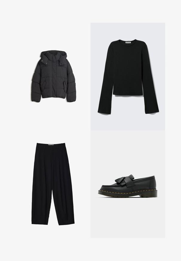 Schwarze Pufferjacke mit hohem Kragen und Kapuze, ausgestattet mit einem gesteppte Design, Druckknöpfen und zwei Seitentaschen. Weicher, strukturierter Stoff.; Schwarzes Langarmshirt mit Rundhalsausschnitt, figurbetonter Silhouette und leicht ausgestellten Ärmeln, gekennzeichnet mit einem "Weekday" Markenetikett im Nacken.; Schwarze weit geschnittene Hose aus leichtem Stoff, mit vorderen Falten, klassischem Bund und seitlichen Taschen. Angenehme Struktur.; Schwarze Lederloafers mit runder Zehenpartie, ausgestattet mit einer fransigen Detail und einem dekorativen Band, das über die Vorderseite verläuft, auf einem stabilen Absatz.