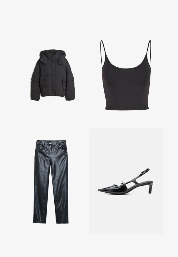 Schwarze Pufferjacke mit hohem Kragen und Kapuze, ausgestattet mit einem gesteppte Design, Druckknöpfen und zwei Seitentaschen. Weicher, strukturierter Stoff.; Schwarzes, ärmelloses Crop-Top aus glattem Stoff. Hat dünne Spaghetti-Träger und einen runden Halsausschnitt, mit einer taillierten Passform.; Schwarze Kunstlederhose mit Krokodilstruktur, ausgestattet mit einem vorderen Knopfverschluss und vier Taschen. Gerade Beinform.; Schwarzer Slingback-Schuh aus Lackleder mit spitzer Kappe, niedrigem Absatz und zwei verstellbaren Schnallenriemen, seitlich dargestellt.