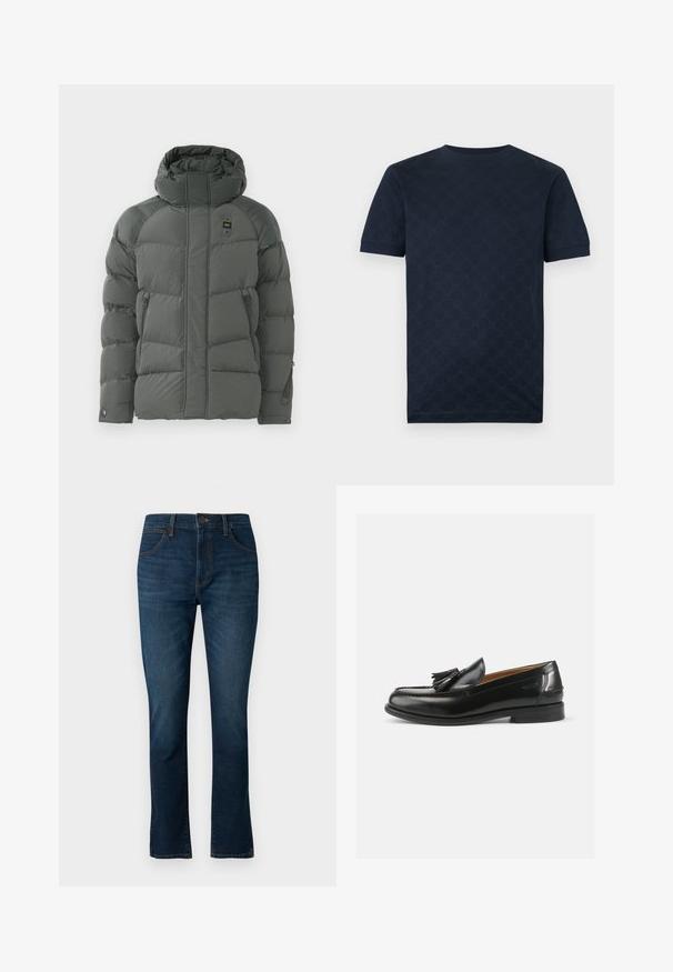 Veste à capuche matelassée de couleur gris foncé, avec des poches latérales zippées, une texture lisse et un tissu durable avec une finition mate.; T-shirt bleu marine à manches courtes avec un motif texturé. Encolure ronde et coupe standard. Confectionné dans un matériau doux en mélange de coton.; Jean droit bleu foncé en denim, avec un design classique à cinq poches et une fermeture à bouton à la taille.; Mocassins en cuir noir avec un accent de gland, un bout arrondi et une finition lisse. La semelle est plate avec un motif de trottoir minimal.