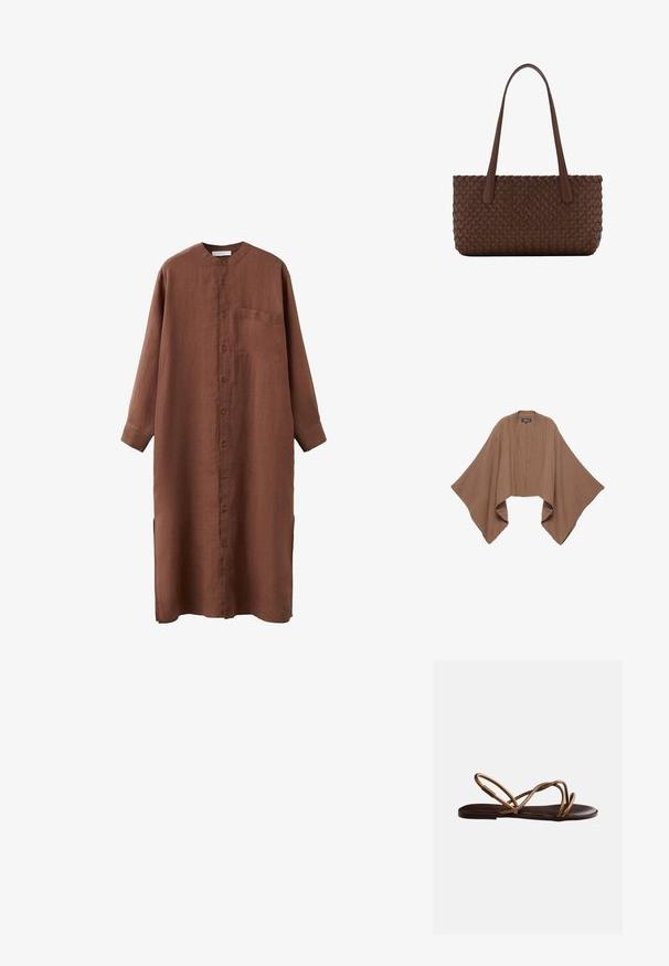 Poncho marron ample à ouverture sur le devant avec de larges manches fluides en tissu texturé sur fond blanc.; Robe chemise longue marron à boutons, manches longues, col rond et poche poitrine, confectionnée dans un tissu léger.; Sandale plate marron foncé avec de fines lanières métalliques bronze traversant le pied et une bride arrière pour le maintien.; Sac à main en cuir marron avec un motif tissé, avec deux longues anses fines pour un port à l'épaule.