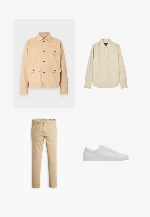 Beige lærred jakke med knaplukning foran, to store forlommer med klapper og en lille brystlomme. Standard krave og lange ærmer.; Beige skjorte med lange ærmer, knapper foran, to knaplukkelige lommer med klap og klassisk krave.; Beige chinos lavet af bomuld med en lige ben design. Har en frontknaplukning, bæltestropper og sidelommer. Glat tekstur.; Reiss REGULAR FIT - LUCA TUMBLED - Sneakers - white
