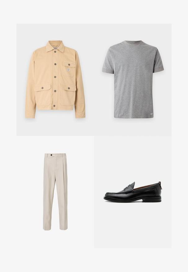 Beige lærred jakke med knaplukning foran, to store forlommer med klapper og en lille brystlomme. Standard krave og lange ærmer.; Kortærmet grå t-shirt lavet af blødt bomuld. Har en rund halsudskæring med en kontrastfarvet kant og en lige kant forneden.; Beige skræddersyede bukser med lige ben-design, der har frontplisseringer, knaplukning og en glat tekstur.; Sort læder herre loafer med moc-tå syning, penny strop, struktureret krave og lav stablet hæl på hvid baggrund.