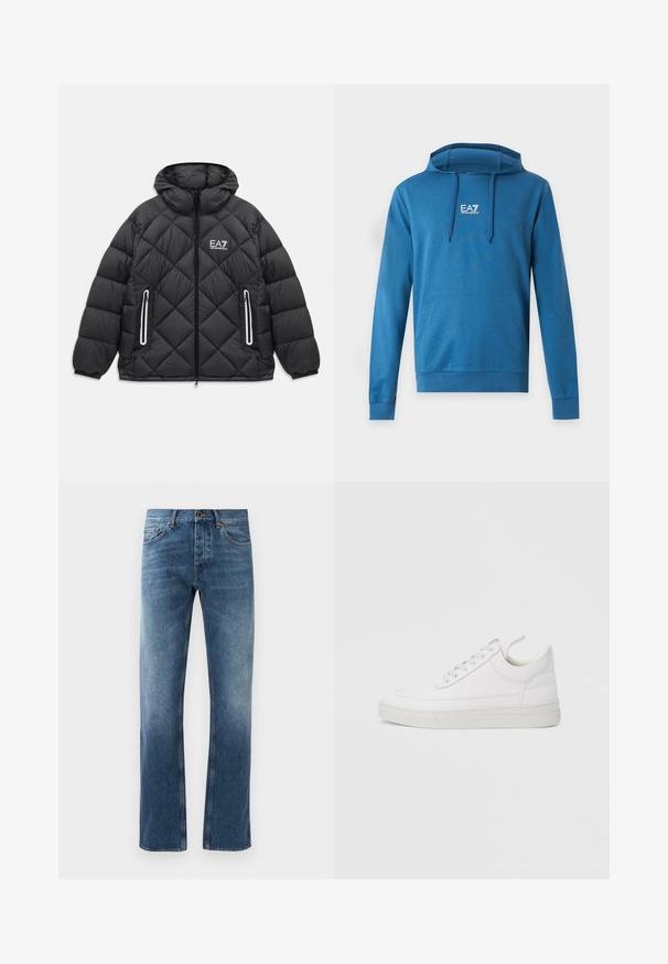 Čierna prešívaná bunda s kapucňou, predným zipsom, dvoma zipsovými vreckami s reflexnými detailmi a logom EA7 Emporio Armani na hrudi.; Modrá mikina s kapucňou, predným vreckom a logom EA7 Emporio Armani v strede na hrudi, s šnúrkami na kapucni.; Modré džíny z denimu so strihom rovného nohavice, vyblednutým umývaním, piatimi vreckami a kontrastným prešívaním. Uzatváranie pomocou gombíka a zipsu na páse.; Biela kožená teniska s okrúhlou špičkou, plochou podrážkou a šnurovaním vpredu. Má švy a polstrovaný golier pre pohodlie.
