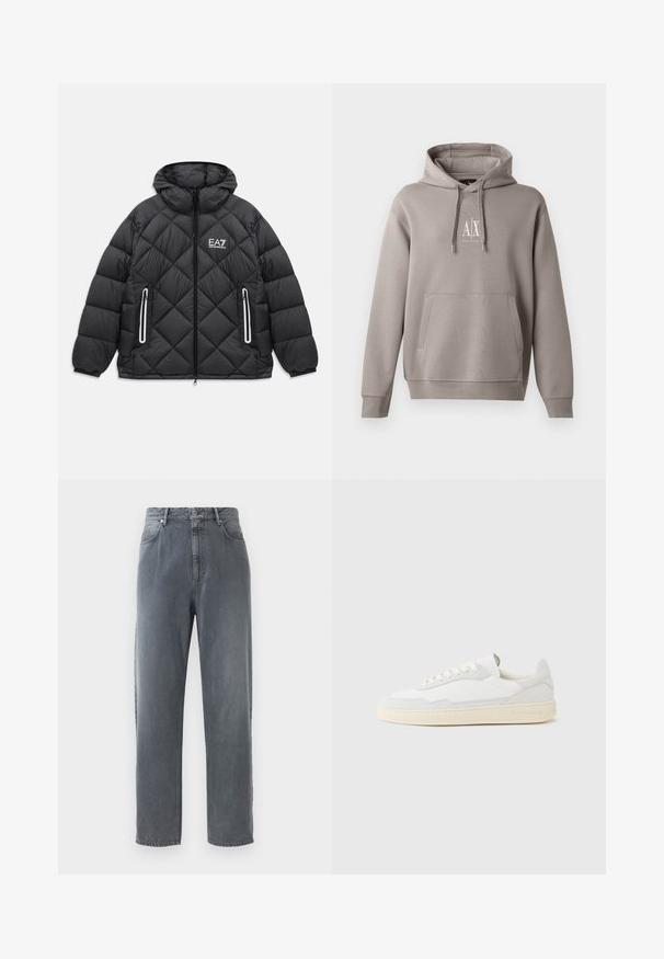 Sort quiltet jakke med hætte, frontlynlås, to lynlåslommer med reflekterende kanter, og EA7 Emporio Armani logo på brystet.; Grå hættetrøje med en central kengurulomme, justerbar snørehætte og et lille hvidt logo på brystet. Blød stofstruktur.; Højtraljede, lige ben jeans i falmet grå denim, med fem lommer, knaplukning og subtil falmning på stoffet.; Hvid sneakers med en øvre del i tekstureret ruskind og læder. Har rundet tå, snørelukning og kontrasterende beige gummisål.