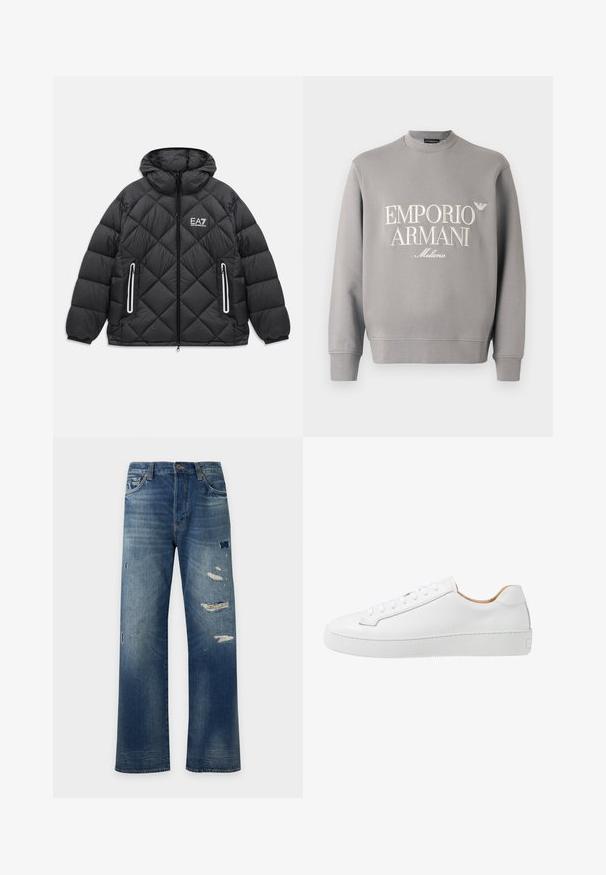 Čierna prešívaná bunda s kapucňou, predným zipsom, dvoma zipsovými vreckami s reflexnými detailmi a logom EA7 Emporio Armani na hrudi.; Šedá mikina s klasickým výstrihom, rebrovanými manžetami a vyšívaným logom "EMPORIO ARMANI Milano" v krémovej farbe. Mäkko materiál zo zmesi bavlny.; Modré rifle s rovnými nohavicami s vyblednutými miestami a viacerými opotrebovanými záplatami na predných stehnách a kolenách.; Biele kožené tenisky s hladkým povrchom, zaoblenou špičkou, plochým šnurovaním a hrubou gumovou podrážkou so štruktúrovaným vzorom pre lepšiu priľnavosť.