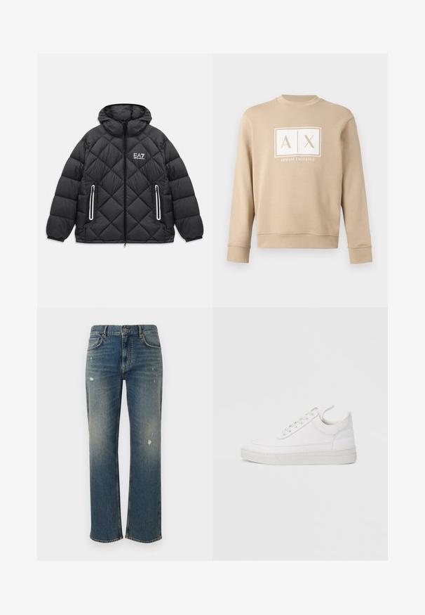 Sort quiltet jakke med hætte, frontlynlås, to lynlåslommer med reflekterende kanter, og EA7 Emporio Armani logo på brystet.; Beige langærmet sweatshirt med rund hals og hvidt "A|X Armani Exchange"-logo centreret på brystet.; Denim jeans i medium blå med lige pasform, der har let slid og distressed lapper. Klassisk fem-lomme design og knaplukning i toppen.; Hvid lædersneaker med rundet tå, flad sål og snørebånd foran. Har syningsdetaljer og polstret krave for komfort.