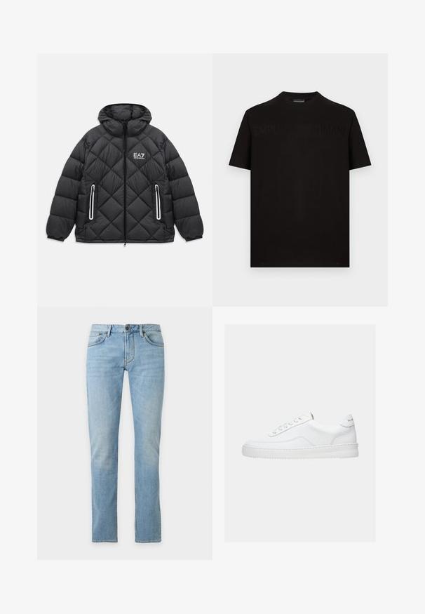 Zwarte gewatteerde jas met capuchon, voorrits, twee met rits afgesloten zakken met reflecterende accenten, en het EA7 Emporio Armani-logo op de borst.; Zwart katoenen T-shirt met korte mouwen en een ronde hals, met een reliëflogo over de borst. Soepele textuur en een comfortabele pasvorm.; Lichtblauwe rechttoe-rechtaan spijkerbroek met voorzakken, riemlussen en een knoopsluiting op een effen achtergrond.; Witte lage sneaker met vetersluiting, glad leren bovenwerk en dikke zool, gezien vanuit de zijkant tegen een effen achtergrond.