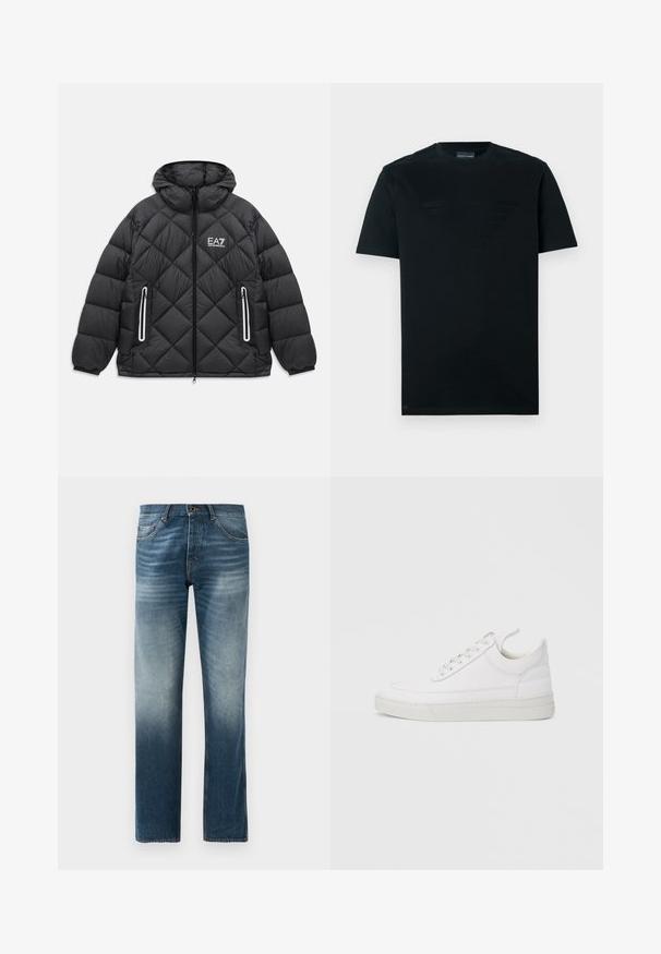 Sort quiltet jakke med hætte, frontlynlås, to lynlåslommer med reflekterende kanter, og EA7 Emporio Armani logo på brystet.; Sort t-shirt lavet af bomuld; har et mat logo design i midten. Klassisk rund hals, korte ærmer og lige kant.; Denim jeans i mørkeblå farve med lysning, lige ben-design. Har fem lommer, standard talje med bæltestropper og metalknaplukning.; Hvid lædersneaker med rundet tå, flad sål og snørebånd foran. Har syningsdetaljer og polstret krave for komfort.