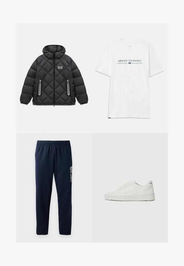 Sort quiltet jakke med hætte, frontlynlås, to lynlåslommer med reflekterende kanter, og EA7 Emporio Armani logo på brystet.; Hvid bomulds t-shirt med korte ærmer, prydet med et blåt og grønt "ARMANI EXCHANGE" logo og "1991" centreret nedenfor.; Marineblå sweatpants med elastisk talje, tætsiddende ben og et hvidt logo på siden. Glat stof med en let tekstur.; Hvide lædersneakers med en glat overflade, rund tå, flade snørebånd og en tekstureret sål. Har et diskret logo på hælen.