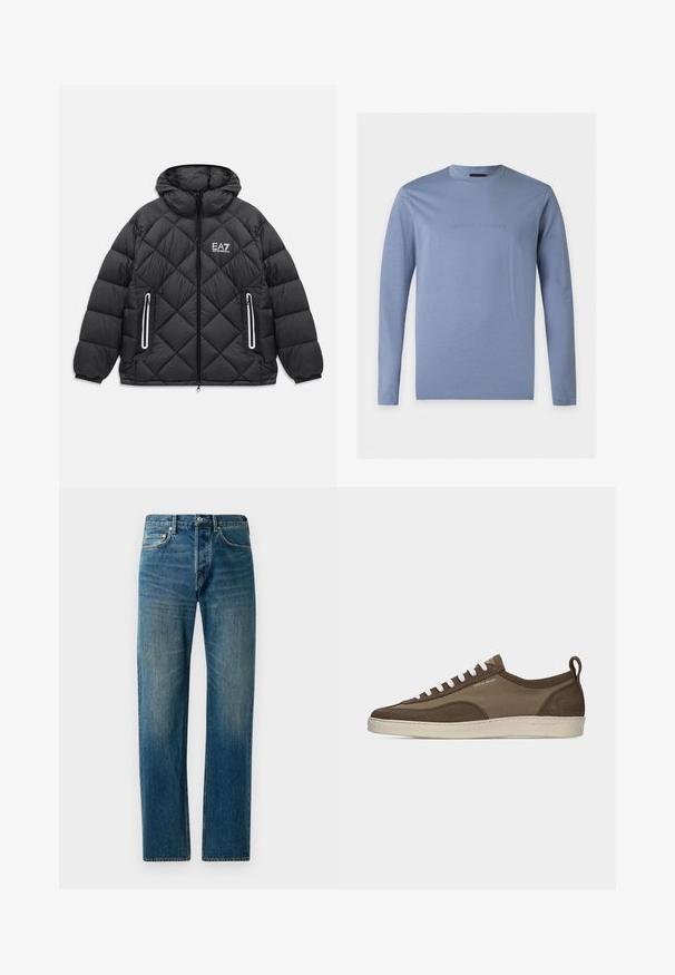 Sort quiltet jakke med hætte, frontlynlås, to lynlåslommer med reflekterende kanter, og EA7 Emporio Armani logo på brystet.; Langærmet lyseblå T-shirt med rund hals og præget Emporio Armani-logo centreret på brystet mod en hvid baggrund.; Blå denim jeans med lige ben, der har en fem-lomme stil, subtil falming og kontrastsyet detaljer.; Lavprofileret brun sneaker med hvide snørebånd, beige sål, stof og ruskindsoverdel, side pull-tab og "Tiger of Sweden" logo i guldtekst.
