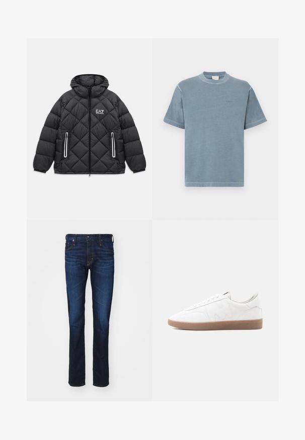 Čierna prešívaná bunda s kapucňou, predným zipsom, dvoma zipsovými vreckami s reflexnými detailmi a logom EA7 Emporio Armani na hrudi.; Modré bavlnené tričko s krátkymi rukávmi, okrúhlym výstrihom a jemnou výšivkou loga. Mäkká textúra s uvoľneným strihom a rovný lem.; AG Jeans TELLIS MODERN - Slimfit džínsy - viper; Biela nízka teniska s podrážkou z gumovej gumy, prešitými detailmi a zaväzovaním na šnúrky na neutrálnom pozadí.