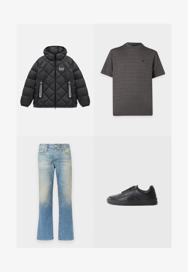 Čierna prešívaná bunda s kapucňou, predným zipsom, dvoma zipsovými vreckami s reflexnými detailmi a logom EA7 Emporio Armani na hrudi.; Krátky rukáv tmavosivé textúrované pletené tričko s okrúhlym výstrihom a malým čiernym logom na ľavej strane hrudníka na bielom pozadí.; Svetlomodré rozšírené rifle z denimu s vyblednutým efektom, dizajn s piatimi vreckami, zapínanie na kovový gombík a rovné lemy.; Čierne kožené tenisky s hladkým povrchom, zaoblenou špičkou, texturovanou bočnou časťou a čiernymi šnúrkami. Majú plochú gumovú podrážku a minimalistický dizajn.