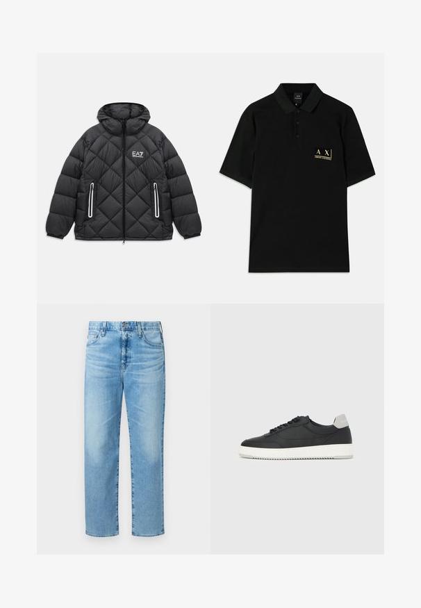 Zwarte gewatteerde jas met capuchon, voorrits, twee met rits afgesloten zakken met reflecterende accenten, en het EA7 Emporio Armani-logo op de borst.; Zwarte polo shirt gemaakt van katoen, met een drieknoopsluiting en een gouden geborduurd logo op de linkerborst. Korte mouwen, klassieke pasvorm.; Lichtblauwe denimjeans met een rechte pijp, voorzien van vijf zakken, een rits en een subtiele vervaagde textuur.; Zwarte lage sneaker met witte zool en grijze hieltab, zijaanzicht op een effen witte achtergrond.