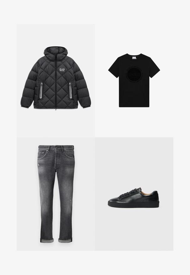 Schwarze gesteppte Jacke mit Kapuze, frontaler Reißverschluss, zwei mit Reißverschluss gesicherte Taschen mit reflektierenden Streifen und EA7 Emporio Armani Logo auf der Brust.; Schwarzes Baumwoll-T-Shirt mit Rundhalsausschnitt, mit einem kreisförmigen Grafikdesign in mattschwarzem Text: "LES DEUX COPENHAGEN" und "INSPIRED BY COMMUNITY."; Graue Jeans aus Denim mit einem leicht verwaschenen Finish, aufgerollten Bündchen und kleinen used Detail auf den Beinen. Klassisches Fünf-Taschen-Design.; Schwarze Leder-Sneaker mit glatter Textur, runder Zehenpartie und Schnürverschluss. Verfügt über eine dicke Gummisohle und minimalistische Marken-Details.