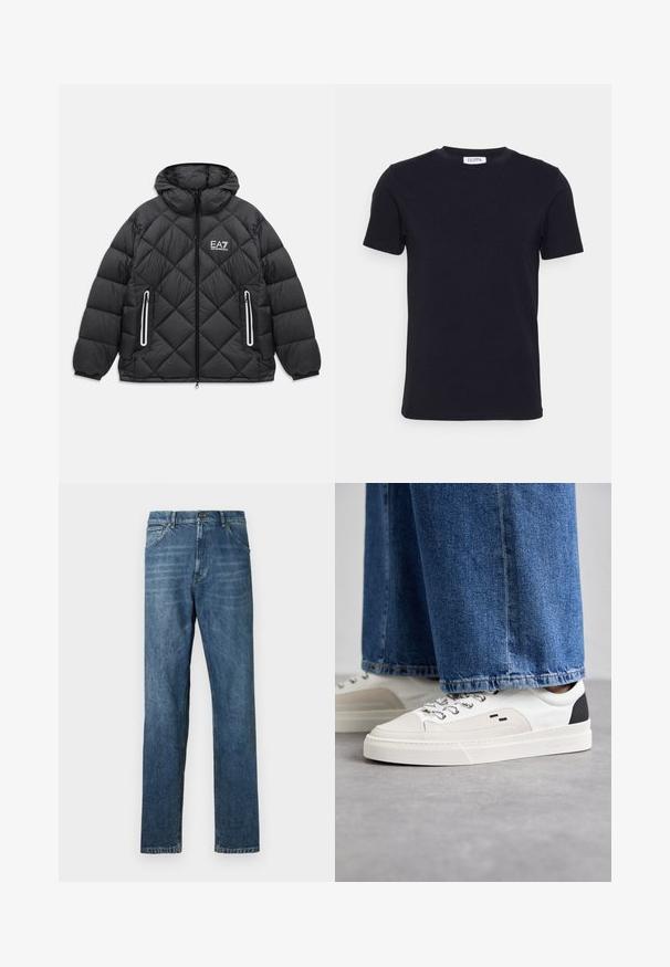 Sort quiltet jakke med hætte, frontlynlås, to lynlåslommer med reflekterende kanter, og EA7 Emporio Armani logo på brystet.; Sort kortærmet t-shirt med rund hals og et lille hvidt mærke indeni halsudskæringen.; Mørkeblå denim jeans med lige ben, fem-lomme design, synlig syning og en klassisk knaplukning. Let vaskeeffekt på stoffet.; Hvide og sorte sneakers med en glat læderoverdel, teksturerede detaljer og en kraftig hvid sål. Har et klassisk snørebåndsdesign.