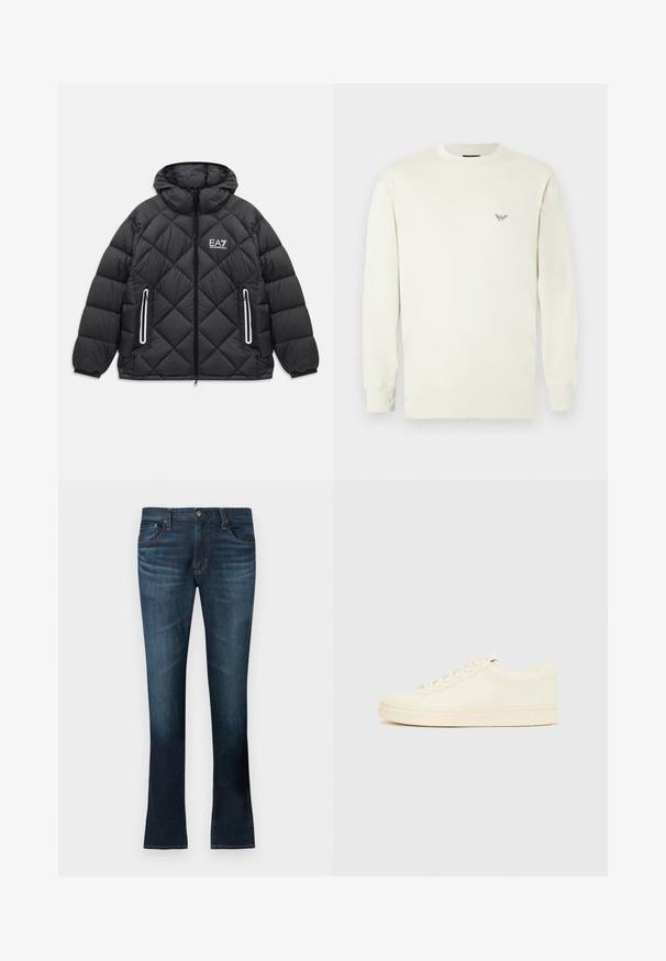 Zwarte gewatteerde jas met capuchon, voorrits, twee met rits afgesloten zakken met reflecterende accenten, en het EA7 Emporio Armani-logo op de borst.; Lichtbeige lange mouw t-shirt van katoen. Heeft een ronde halslijn en een klein geborduurd logo op de borst. Soepele textuur.; Donkerblauwe spijkerbroek met een uitlopende pijp, gemaakt van denim stof, voorzien van voorzakken en een knoopsluiting.; Slofkleurige sneaker met een glad leren bovenwerk, ronde neus, vetersluiting en een geribbelde rubberen zool. Minimalistisch ontwerp, zonder logo's.