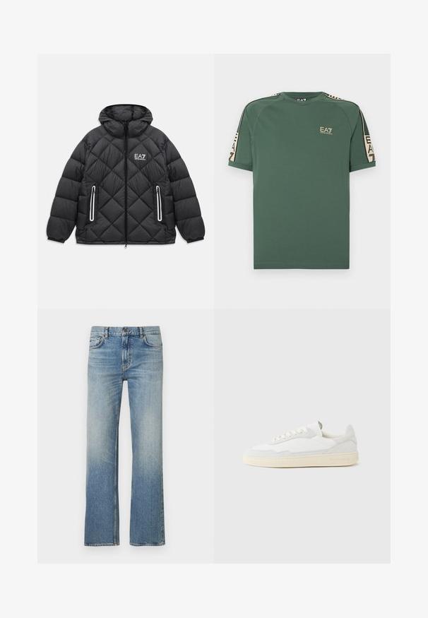 Zwarte gewatteerde jas met capuchon, voorrits, twee met rits afgesloten zakken met reflecterende accenten, en het EA7 Emporio Armani-logo op de borst.; Groen EA7 Emporio Armani T-shirt met korte mouwen, beige getapete merkstrepen op schouders en mouwen, logo op de linkerborst.; Lichtblauwe spijkerbroek met een rechte pijp, voorzien van een vervaagde finish, klassiek ontwerp met vijf zakken en contrasterende stiksels.; Witte sneaker met een bovenwerk van gestructureerd suède en leer. Voorzien van een afgeronde neus, vetersluiting en een contrasterende beige rubberen zool.