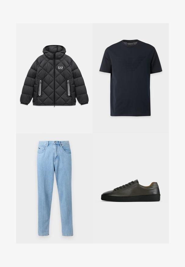 Sort quiltet jakke med hætte, frontlynlås, to lynlåslommer med reflekterende kanter, og EA7 Emporio Armani logo på brystet.; Sort T-shirt med korte ærmer og rund halsudskæring med et diskret præget ørnelogo på brystet og et mærke med brandnavn indeni kraven.; Lyseblå denimjeans med lige ben, forlommer, bæltestropper og knaplukning på en neutral baggrund.; Lavtskåret mørkegrå læder sneaker med sorte snørebånd og sål, minimalistisk design, sideprofil på en ensfarvet lys baggrund.