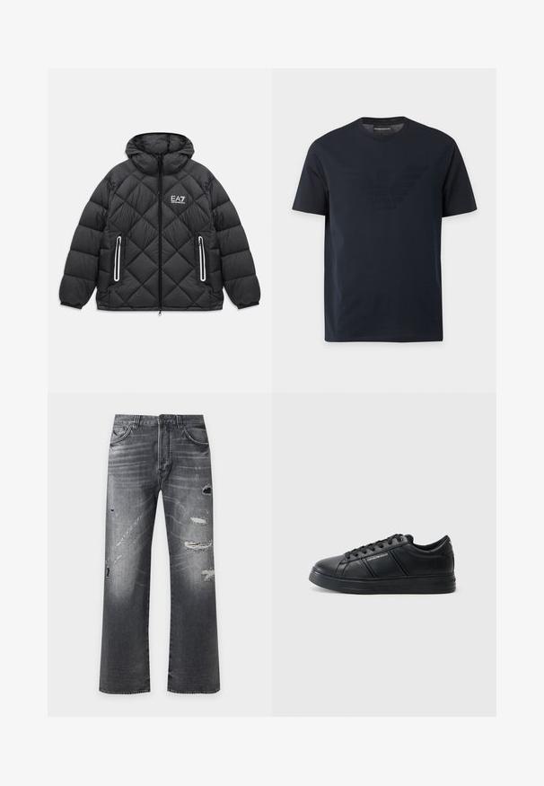 Mustmust nahkjakker, millel on kapuuts, ees luku, kaks lukuga taskut peegeldavate äärtega ja EA7 Emporio Armani logo rinnal.; Mustast lühikeste varrukatega t-särk ümar-kaelusega, rinnal peene reljeefse kotkalogoga ja kaeluse sees kaubamärgi sildiga.; Mustad pleekinud sirge lõikega teksapüksid, millel on kulunud augud ja narmendunud plaastrid reite ja põlvede ees.; Must must nahkasaapad sileda viimistlusega, ümarate varvastega, nööbitav esiosa, pehmendatud kaelus ja tekstuuriga külgedetailid. Diskreetne logo detail on nähtav.