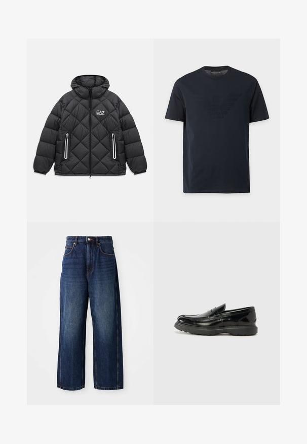 Schwarze gesteppte Jacke mit Kapuze, frontaler Reißverschluss, zwei mit Reißverschluss gesicherte Taschen mit reflektierenden Streifen und EA7 Emporio Armani Logo auf der Brust.; Schwarzes T-Shirt mit kurzen Ärmeln und Rundhalsausschnitt, mit einem dezenten, erhabenen Adler-Logo auf der Brust und einem Markenetikett innen im Kragen.; Dunkelblaue Weite-Leg-Jeans aus Denim. Verfügt über einen klassischen Bund mit Gürtelschlaufen, frontale Taschen und eine gerade Passform.; Schwarze Lederloafer mit glanzendem Finish, abgerundetem Zehenbereich, subtilen Steppnähten und einer dicken Gummisohle für Langlebigkeit.