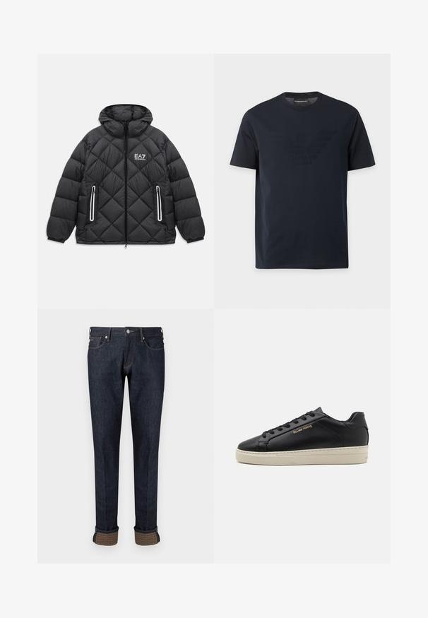Mustmust nahkjakker, millel on kapuuts, ees luku, kaks lukuga taskut peegeldavate äärtega ja EA7 Emporio Armani logo rinnal.; Mustast lühikeste varrukatega t-särk ümar-kaelusega, rinnal peene reljeefse kotkalogoga ja kaeluse sees kaubamärgi sildiga.; Tume sinised teksapüksid sirge säärega, millel on mansetiga äär ja mansettidel kaubamärgiga pruun kangasdetail.; Must have nahkased jalatsid sujuva viimistlusega, kontrastse kreemja talla, ümarate varvastega, kuldse logoga külgedel ja kuue silmaga nööride jaoks.