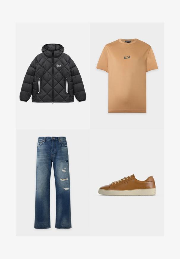 Zwarte gewatteerde jas met capuchon, voorrits, twee met rits afgesloten zakken met reflecterende accenten, en het EA7 Emporio Armani-logo op de borst.; Lichtbruine T-shirt met korte mouwen met een klein zwart-gouden logo centraal op de borst tegen een effen lichte achtergrond.; Blauwe jeans met rechte pijpen, vervaagde plekken en meerdere versleten stukken stof op de voorkant van de dijen en knieën.; Lage bruine leren sneaker met crèmekleurige veters en dikke crèmekleurige rubberen zool, zijaanzicht op witte achtergrond.