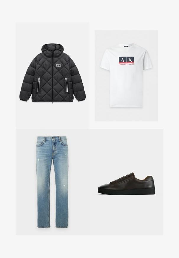 Schwarze gesteppte Jacke mit Kapuze, frontaler Reißverschluss, zwei mit Reißverschluss gesicherte Taschen mit reflektierenden Streifen und EA7 Emporio Armani Logo auf der Brust.; Weißes T-Shirt mit kurzen Ärmeln und einem schwarzen und roten Armani Exchange Logo in der Mitte auf der Brust.; Hellblaue Jeans aus Denim mit geradem Schnitt, die verblasste Stellen und kleine abgenutzte Partien aufweisen. Klassisches Fünf-Taschen-Design und Gürtelösen.; Flach geschnittener dunkelbrauner Ledersneaker mit schwarzer Gummisohle, Schnürung vorne und schlicht-minimalistischem Design auf hellem Hintergrund.