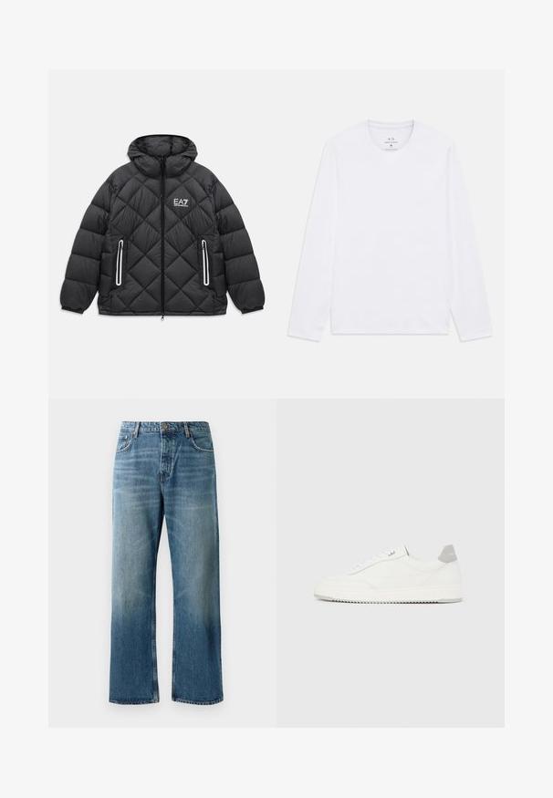 Mustmust nahkjakker, millel on kapuuts, ees luku, kaks lukuga taskut peegeldavate äärtega ja EA7 Emporio Armani logo rinnal.; Valge pika varrukaga ümmarguse kaelusega särk, millel on Armani Exchange logo trükitud kaela sisse, suurus medium.; Heledad sinised laiad teksad, millel on pleekinud pesu, koos ühe nupuga kinnitusega, viie taskuga ja kontrastõmblustega.; Valge madala lõikega tennisking halli kandklambri, valgete paelte ja tekstuuriga tallaga, esitletud ühtlasel heledal taustal.