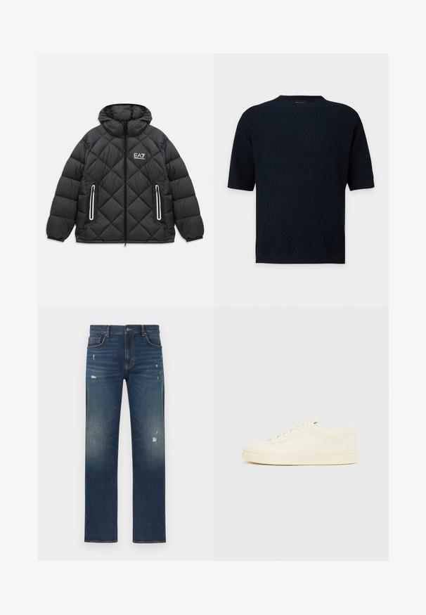 Sort quiltet jakke med hætte, frontlynlås, to lynlåslommer med reflekterende kanter, og EA7 Emporio Armani logo på brystet.; Mørk navyblå kortærmet striktop med tekstureret zigzag-mønster og ribbet rund halsudskæring, manchetter og kant.; Blå denimjeans med et lige ben-design, der har let slid og falmen, fem lommer og en knaplukning i taljen.; Sneaker i cremefarve med en glat læderoverdel, rundet tå, snørelukning foran og en tekstureret gummisål. Minimalistisk design uden logoer.