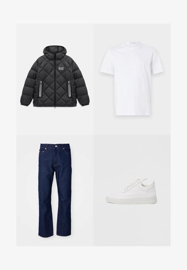 Sort quiltet jakke med hætte, frontlynlås, to lynlåslommer med reflekterende kanter, og EA7 Emporio Armani logo på brystet.; Hvid bomulds t-shirt med rund halsudskæring og korte ærmer. Glat tekstur, lige snit og minimalistisk design uden mønstre eller accenter.; Mørkeblå denimjeans med lige pasform. Funktionen inkluderer fem lommer, orange syninger og en metalknaplukning i taljen.; Hvid lædersneaker med rundet tå, flad sål og snørebånd foran. Har syningsdetaljer og polstret krave for komfort.