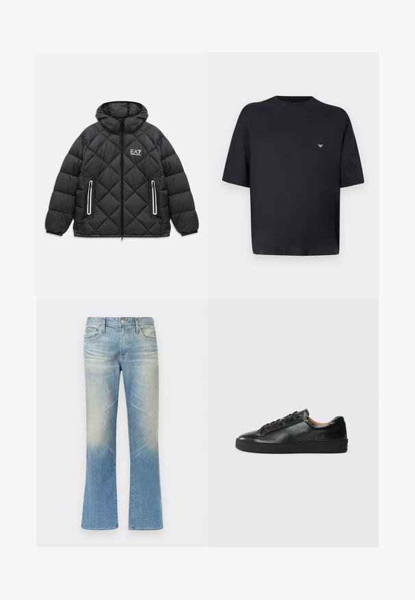 Čierna prešívaná bunda s kapucňou, predným zipsom, dvoma zipsovými vreckami s reflexnými detailmi a logom EA7 Emporio Armani na hrudi.; Čierne oversized tričko s krátkym rukávom a malým bielym logom na ľavej strane hrudníka, zobrazené na svetlosivom pozadí.; Svetlomodré rozšírené rifle z denimu s vyblednutým efektom, dizajn s piatimi vreckami, zapínanie na kovový gombík a rovné lemy.; Čierne kožené tenisky s hladkým povrchom, okrúhlou špičkou a šnúrkami. Majú hrubú gumenú podrážku a minimálne značkové detaily.