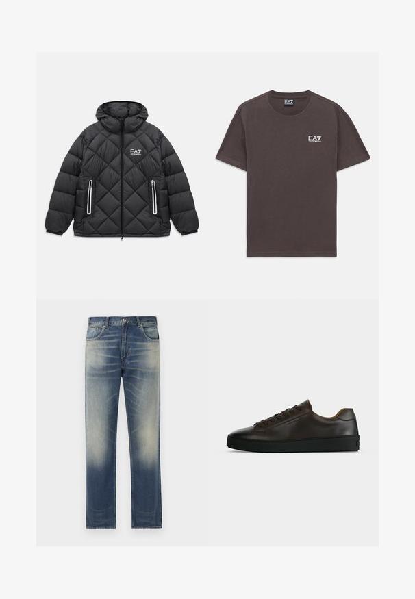 Zwarte gewatteerde jas met capuchon, voorrits, twee met rits afgesloten zakken met reflecterende accenten, en het EA7 Emporio Armani-logo op de borst.; Donkergrijze T-shirt met korte mouwen en ronde hals, met klein wit EA7 Emporio Armani-logo op de linkerborst en een label in de hals.; Blauwe denim jeans met een rechte snit, voorzien van subtiele vervaging en wassing details aan de voorkant, vijf-pocket ontwerp en ceintuurlussen.; Low-profile donkerbruine leren sneaker met zwarte rubberen zool, veters aan de voorkant en een strak minimalistisch design op een lichte achtergrond.