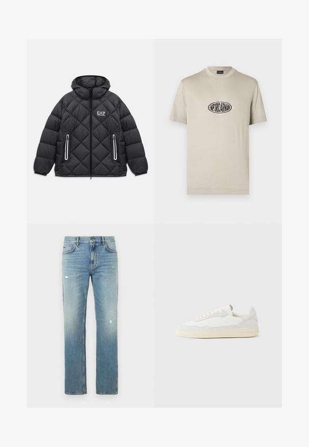Zwarte gewatteerde jas met capuchon, voorrits, twee met rits afgesloten zakken met reflecterende accenten, en het EA7 Emporio Armani-logo op de borst.; Beige katoenen T-shirt met een ronde hals en korte mouwen, voorzien van een centraal zwart logo met de tekst "1981" en "MILANO" in crèmekleur.; Lichtblauwe spijkerbroek met een rechte pijp en een pasvorm met vervaagde delen en kleine versleten plekjes. Klassiek ontwerp met vijf zakken en riemlussen.; Witte sneaker met een bovenwerk van gestructureerd suède en leer. Voorzien van een afgeronde neus, vetersluiting en een contrasterende beige rubberen zool.