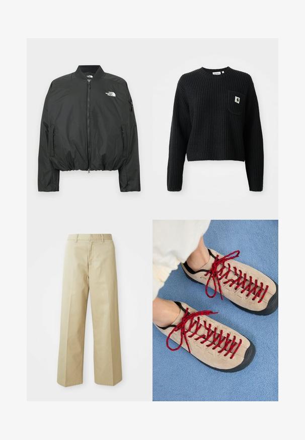 Sort bomberjakke med lynlås, ribbet krave og elastisk kant. Med logo på brystet og sidelommer med lynlås. Glat, let materiale.; Sort ribbenstrikket sweater med rund hals, lange ærmer og en frontlomme med et lille logo patch. Forkortet længde.; Beige vide bukser lavet af bomuld med en glat tekstur. Har en lige pasform, bæltestropper og skrå lommer.; Beige sko med røde snørebånd, placeret på en blå tekstureret overflade, delvist synliggørende en persons ankel. Skoene har et sporty design.