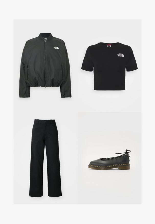 Chaqueta bomber negra con cierre de cremallera, cuello acanalado y dobladillo elástico. Presenta un logo en el pecho y bolsillos laterales con cremallera. Material liso y ligero.; Camiseta negra corta de algodón, con cuello redondo y mangas cortas. El logo de la marca está bordado en blanco en el pecho.; Pantalones de pierna ancha negros con un frente plano, cierre de botón y pasadores para cinturón. Hechos de una tela duradera con una textura suave.; Zapato de cuero negro con punta redondeada, tacón bajo, detalles de cordones y costuras amarillas a lo largo de la suela. Textura suave con un acabado mate.